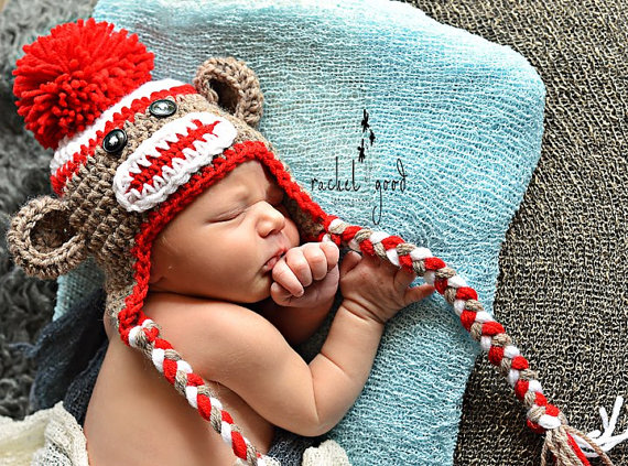 Crochet Sock Monkey Hat, Newborn Sock Monkey, Sock Monkey Hat, Baby Boy - Made To Order